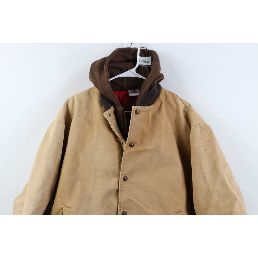 Vtg 90s Y2K Streetwear Mens XL Quilted Canvas Hooded Bomber Jacket Duck Brown - Picture 2 of 16